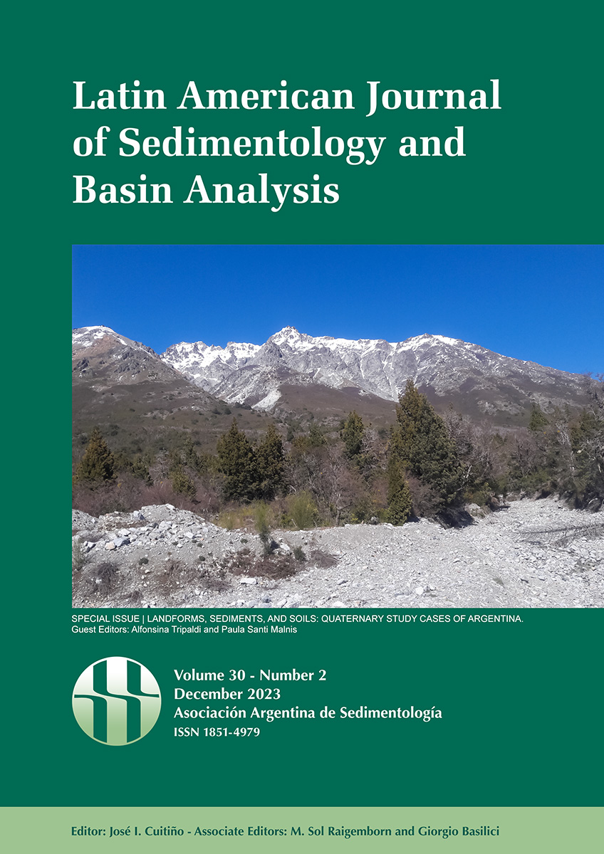View of Cerro Padre Laguna (background) and La Cantera stream (foregraound) at Parque Nacional Nahuel Huapi. In the bottom left corner, a debris flow deposit accumulated by the event of February, 2015, which finest fraction plunged into Lago Guillelmo (For further details see Amat et al., pp. 163-184, this issue)